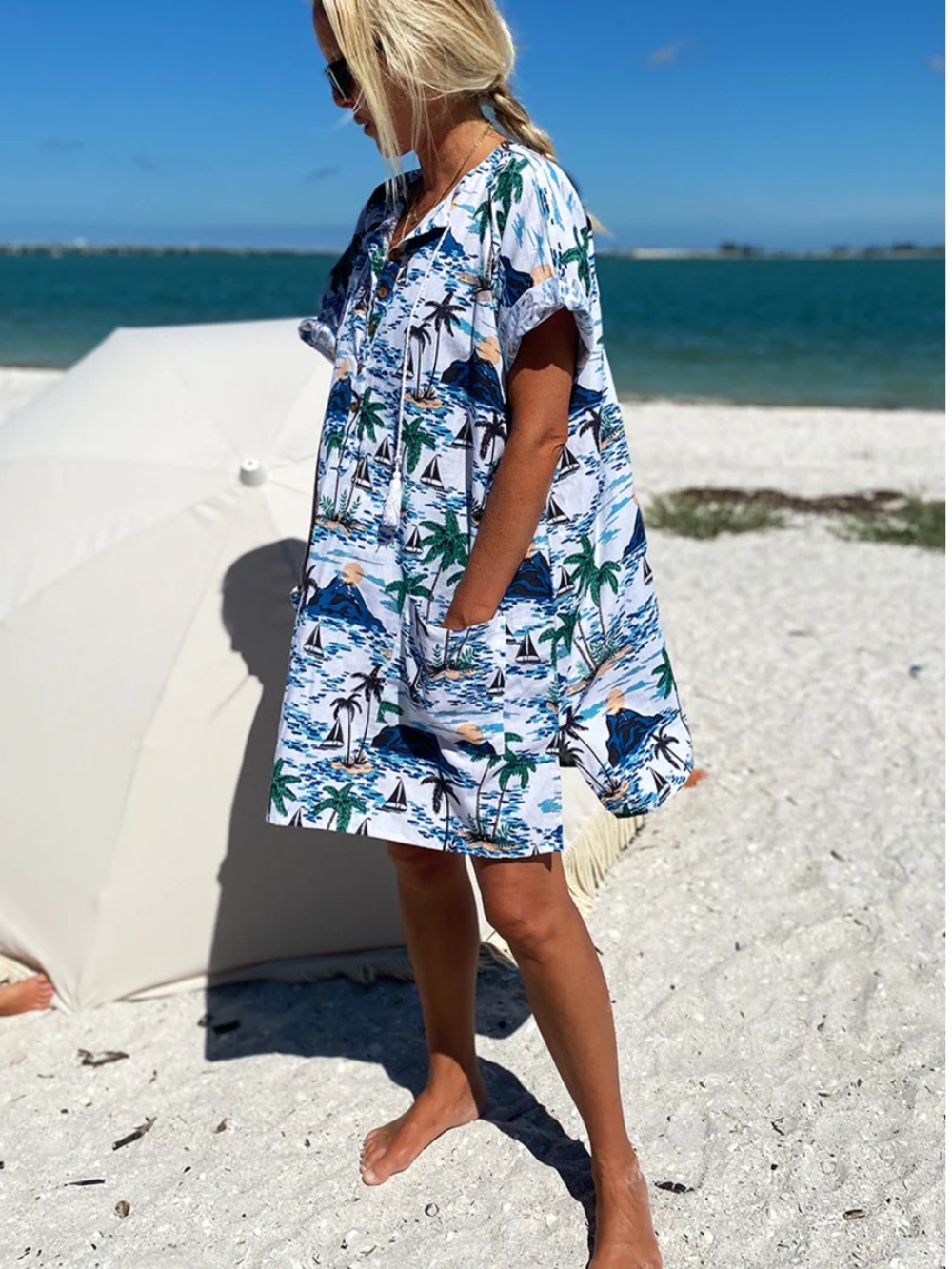 Emerson Fry India Collection Baja Beach Caftan One Size Pockets Cover Up Dress